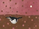 Schilderij van pinguïn in poederroze en bruin, in vlakke kleurvlakken