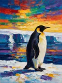 Pinguïn in pose aan het water, schilderij van pinguïn