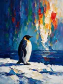 Pinguïn in pose tegen een muur in de schaduw, schilderij van pinguïn