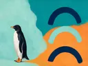 Schilderij van pinguïn in turkoois en mandarijn, in vlakke kleurvlakken