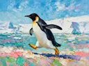 Pinguïn in warm beweging in de sneeuw, schilderij van pinguïn
