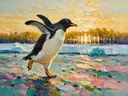 Pinguïn in warm beweging tussen de bomen, schilderij van pinguïn