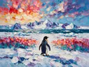 Pinguïn in warm het landschap in een bloementuin, schilderij van pinguïn