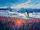 Pinguïn in warm het landschap tussen de grassen, schilderij van pinguïn