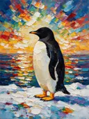 Pinguïn in warm pose aan het water, schilderij van pinguïn