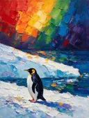 Pinguïn in warm pose tegen een muur in de schaduw, schilderij van pinguïn