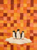 Schilderij van pinguïn in warme kleuren bij elkaar, in vlakke kleurvlakken