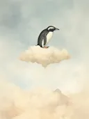 Illustratie van een pinguïn die op een wolk staat tegen een lichtblauwe lucht.