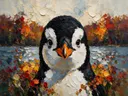 Pinguïn portret in donker een bloementuin, schilderij van pinguïn portret