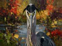 Blauwe reiger in een bloementuin, schilderij