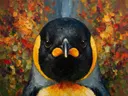 Pinguïn portret in warm een bloementuin, schilderij van pinguïn portret