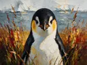 Pinguïn portret tussen de grassen in diep oranje, schilderij van pinguïn portret tussen de grassen, met het paletmes gesch...