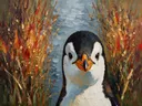 Pinguïn portret tussen de grassen in donker oranje, schilderij van pinguïn portret tussen de grassen, met het paletmes ges...