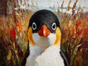 Pinguïn portret tussen de grassen in warm oranje, schilderij van pinguïn portret tussen de grassen, met het paletmes gesch...