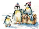 Pinguïns met gebreide mutsen bij een koffer
