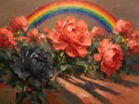 Schilderij van pioen in antracietkoraal, in vlakke kleurvlakken