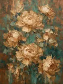 Schilderij van pioen in groepjes in zandduin, in vlakke kleurvlakken