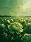 Schilderij van pioen in het landschap in bosgroen, in vlakke kleurvlakken