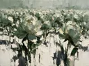 Schilderij van pioen in het landschap in saliegrijs, in vlakke kleurvlakken