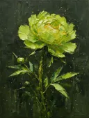 Schilderij van pioen in limoen, in vlakke kleurvlakken