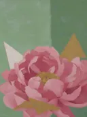 Schilderij van pioen van dichtbij in salie en oker