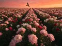 Landschapsfoto van pioenroos bij de zonsondergang, met een torenvalk