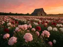 Landschapsfoto van pioenroos bij de zonsondergang, met een verweerde schuur aan de rand van het veld