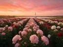 Landschapsfoto van pioenroos bij de zonsondergang, met een zeilbootje