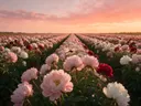 Landschapsfoto van pioenroos bij de zonsondergang, met een libelle