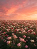 Landschapsfoto van pioenroos bij de zonsondergang, met een reekalfje