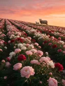 Landschapsfoto van pioenroos bij de zonsondergang, met een ooi met haar lammetje