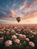 Landschapsfoto van pioenroos bij het gouden uur, met een luchtballon boven de horizon
