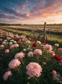 Landschapsfoto van pioenroos bij het gouden uur, met een houten hek