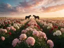 Landschapsfoto van pioenroos bij het gouden uur, met twee paarden die elkaar aankijken