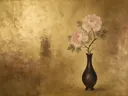 Schilderij van pioenroos in een diep bronzen vaas met een fijne goudrand, oosterse stijl in goud en brons