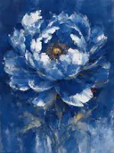 Schilderij: pioenroos in fragmenten, delftsblauw