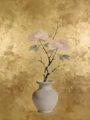 Schilderij van pioenroos in een bleke, ongeglazuurde steengoed vaas, oosterse stijl in goud en brons