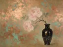 Schilderij van pioenroos in een donkere keramische vaas met gespikkeld goudglazuur, oosterse stijl in koper en turkoois