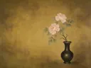 Schilderij van pioenroos in een diep bronzen vaas met een fijne goudrand, oosterse stijl in mosterdgeel