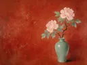 Schilderij van pioenroos in een gladde celadon-groene porseleinen vaas, oosterse stijl in vermiljoenrood