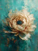 Schilderij: pioenroos met oplossende randen in turquoise