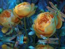 Schilderij van pioenrozen met libellen bij een waterspiegeling