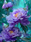 Schilderij van paarse pioenrozen met glinsterende vlinders op turquoise achtergrond