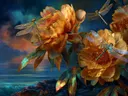 Schilderij van gouden pioenrozen met twee libellen bij nacht
