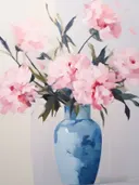 Stilleven met roze pioenrozen in een blauwe vaas, geschilderd met losse palletmesstreken.
