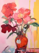Rood-roze pioenrozen boeket in een oranje glazen vaas tegen een roze-gele gestreepte achtergrond