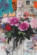Schilderij van roze pioenrozen met kroontjes op teal-oranje graffiti-achtergrond