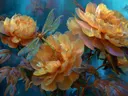 Schilderij van gele pioenrozen met een libelle tegen een turquoise achtergrond
