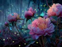 Schilderij van roze pioenrozen met lichtgevende blauwe vlinders