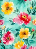 Aquarel schilderij van pioenrozen in geel en roze op een mintgroene achtergrond